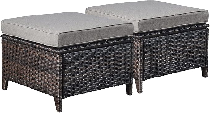 Rilyson Outdoor Ottoman Wicker Patio Ottomans - 2 Piece Footrest Footstools Set Rattan Outdoor Ottomans for Patio with Thick Cushions(Brown/Grey)