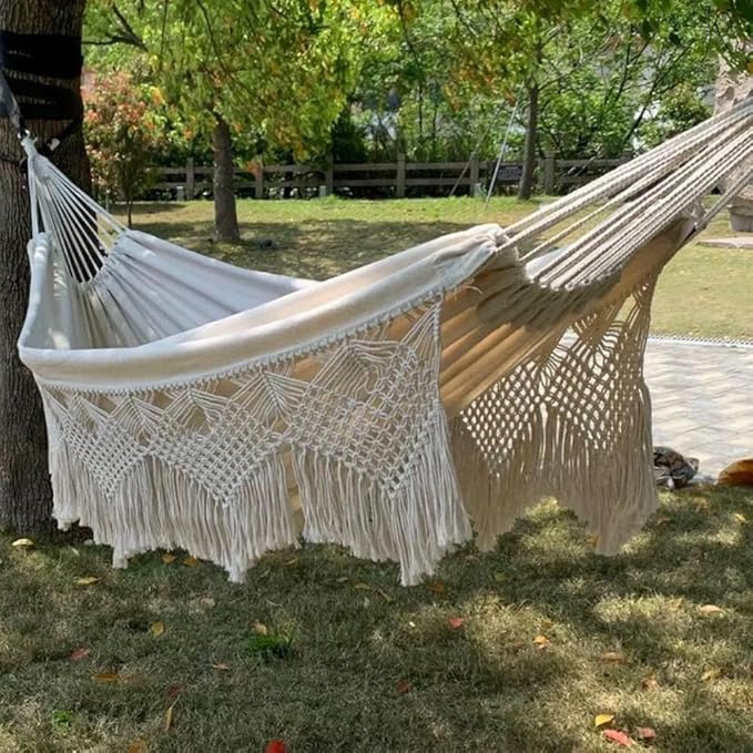 Double Macrame Hammock with Heart Design, Beige 2-Person Hammock for Indoor Outdoor, 79 x 59 Inch Large Boho Hammock with Rope and Hooks for Patio, Porch, Garden, Balcony, and Beach