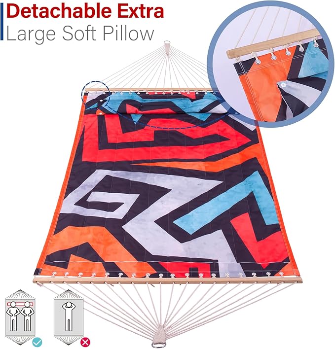 Backyard Expressions Reversible Quilted Hammock - Single or Double Hammock for Outdoor Relaxation with Matching Pillow, Zig Zag