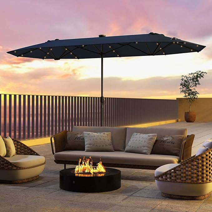 HAPPYGRILL Double-Sided Patio Umbrella with Solar Lights, 13FT Large Umbrella with Base Included, Crank Handle, Market Twin Table Umbrella for Outdoor Backyard Garden Poolside