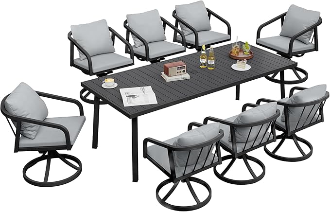 9-Piece Outdoor Dining Set with 8 Swivel Chairs, Never-Rust Aluminum Patio Dining Set, Patio Swivel Dining Set with Wraparound Seating, Outdoor Furniture Set for Backyard, Lawn, Deck, Black