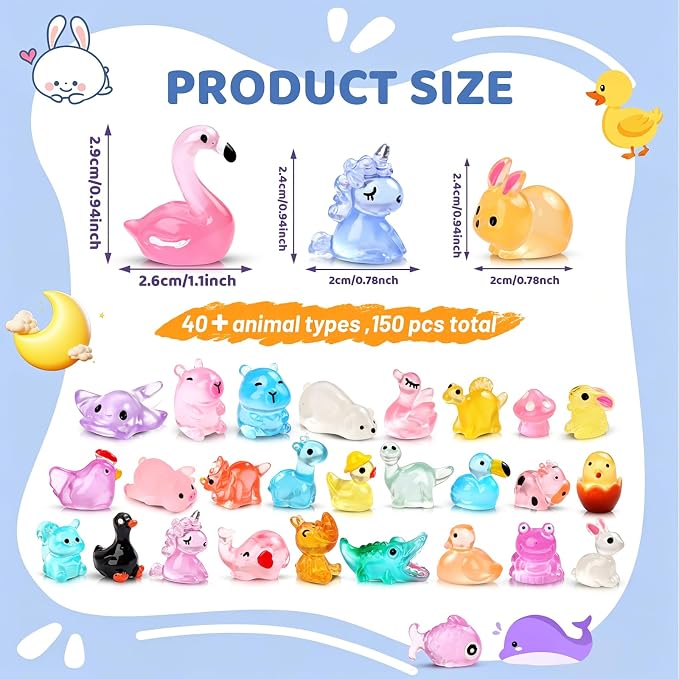 150PCS Mini Luminous Resin Animals 40+ Styles Glow Tiny Resin Animal Miniature Little Small Animal Figures for Accessories Dollhouse Potted Garden Aquarium Party Decoration DIY Craft
