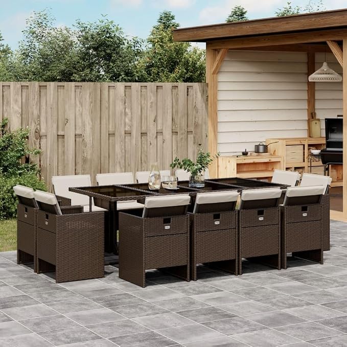 13-Piece Patio Dining Set with Cushions Brown PE Rattan Outdoor Furniture Set for Backyard Garden Balcony Porch, Tempered Glass Table & Foldable Chairs