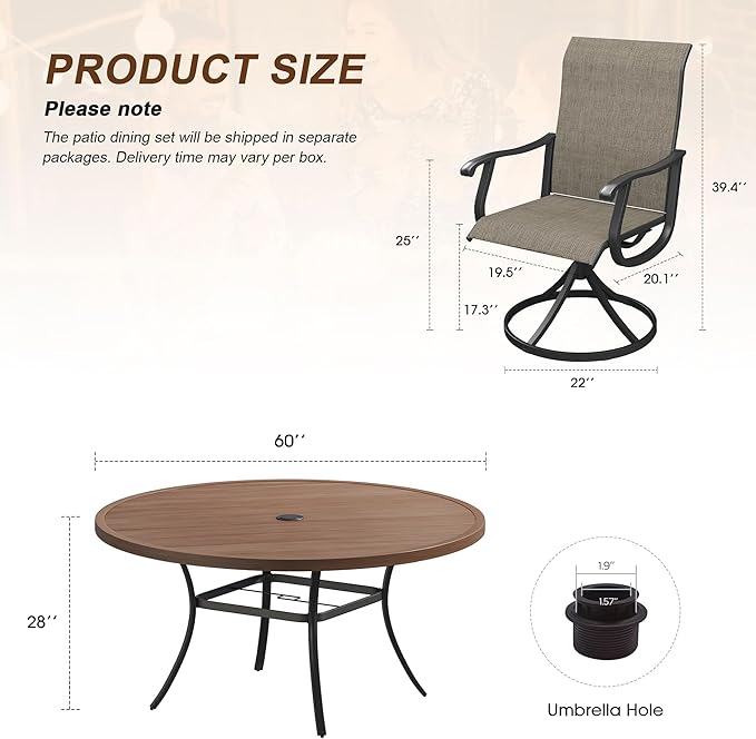 VICLLAX 9 Pieces Outdoor Patio Dining Set, 60" Round Wrought Iron Metal Outdoor Table with Umbrella Hole and 8 Swivel Textilene Chairs for Lawn,Garden,Porch,Walnut/Brown