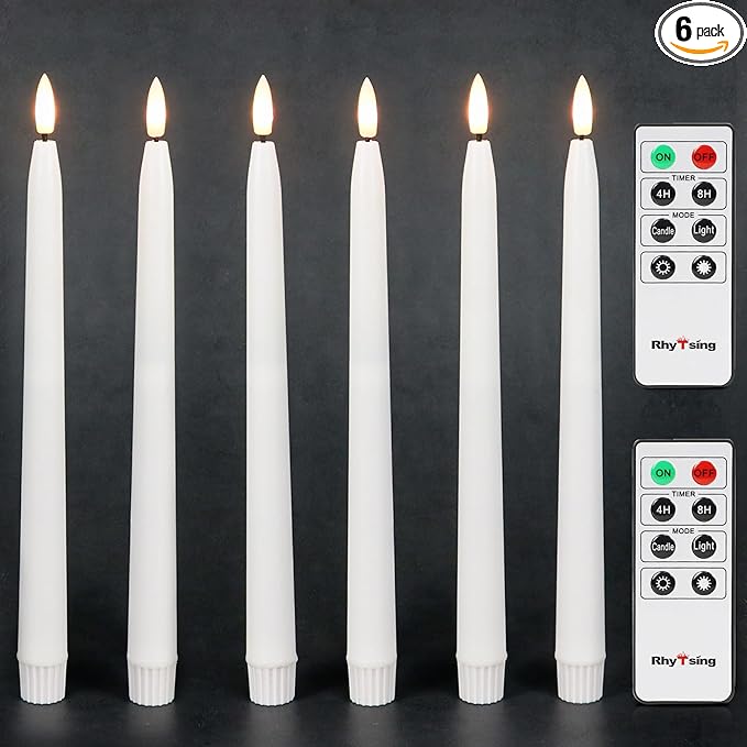 Rhytsing 11 inches White Flameless Taper Candles with Timer, Battery Operated Led Candle Sticks Real Wax Finished for Home Decor, 2 Remotes Included - Set of 6