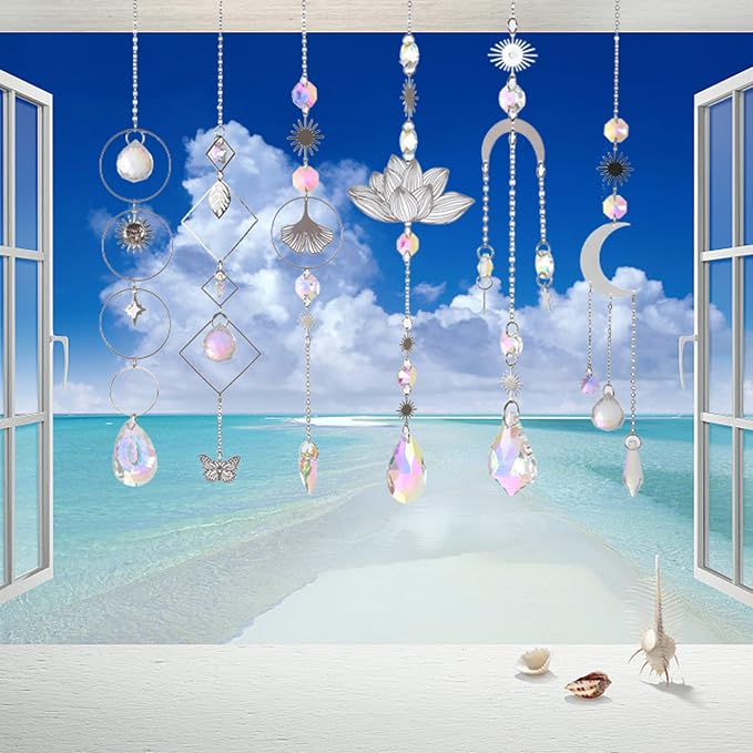 Sun Catchers, 6 Pcs Colorful Suncatchers Decorative Hanging Crystal Prism | Rainbow Maker with Silver Moon Sun Metal Forms Suncatcher Kit for Window Indoor Outdoor Car Mirror Decor Xmas Gift