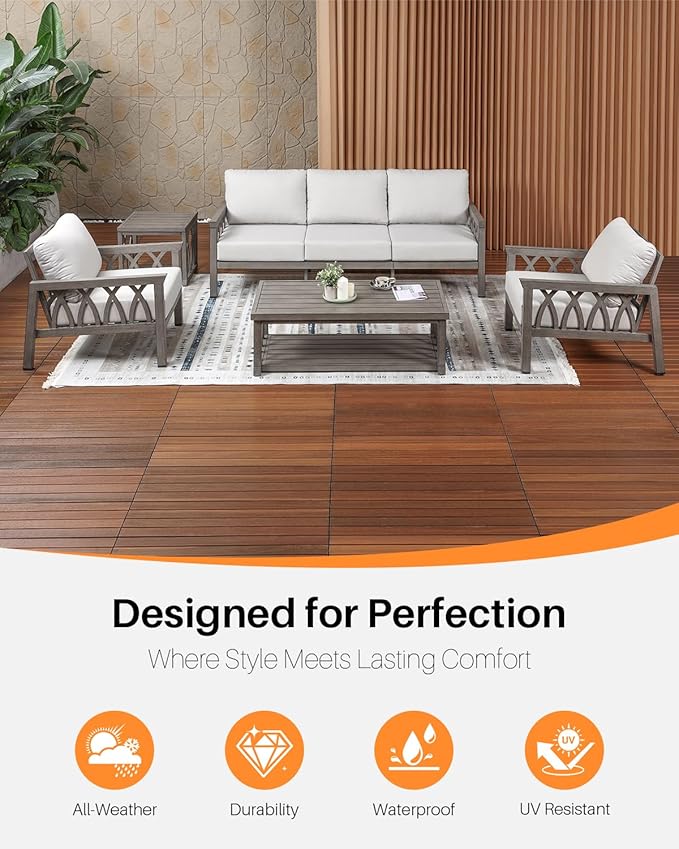 5-Piece Patio Furniture Set, Aluminum Outdoor Sectional Couch Set, Patio Conversation Set with Thick Cushions, Weather-Resistant Outdoor Furniture Set for Porch, Deck, Pool, Limed Oak