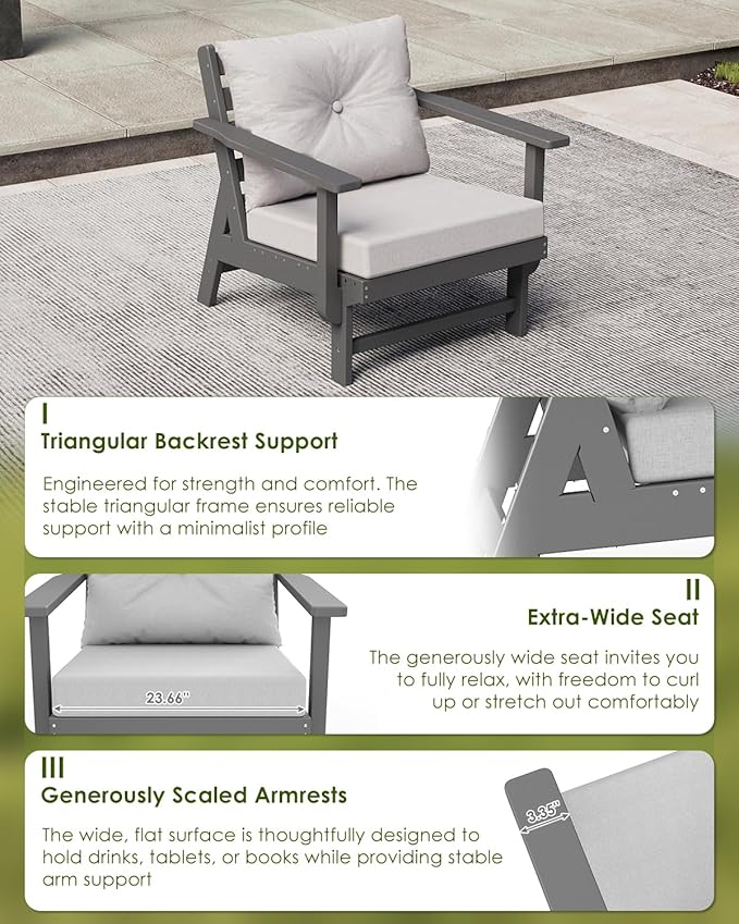 GREENVINES Outdoor-Couch | HDPE Plastic | Patio Sectional Conversation Set | All Weather Couches | Sofa with Detachable Armrests | for Porch Deck Lawn | Gray Frame Light Gray Cushion