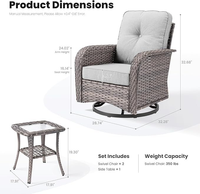 ovios 3-Piece Patio Furniture Set, Outdoor Wicker Sofa with Swivel Chairs, High Back Rattan Gliders Rocker with Comfy Cushions for Porch Yard Deck, Grey