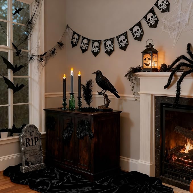 wemarry Flameless Taper Candles 10.6" Dripless Battery Operated Taper Candles Included Remote Timer 400+ Hours by 2AA Batteries for Halloween Christmas Wedding (Black+White, 12 Pack)