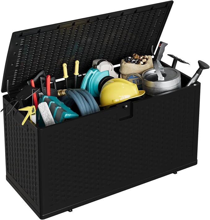 Jojoka Brown Resin Deck Box, Waterproof & Lockable Outdoor Storage Box, Patio Square Container for Package Delivery, Furniture Cushions, Garden Tools and Pool Accessories