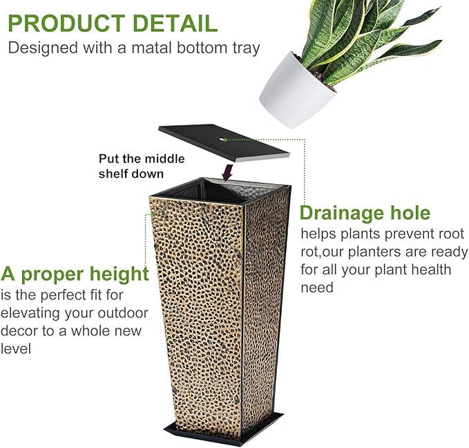 BAYN 2-Pack 24" Tall Metal Planter – Hand-Hammered Textured Large Copper Flower Pots Box with Saucer for Outdoor&Indoor, Garden, Porch, Patio, Yard with Pre-Drilled Drainage Holes
