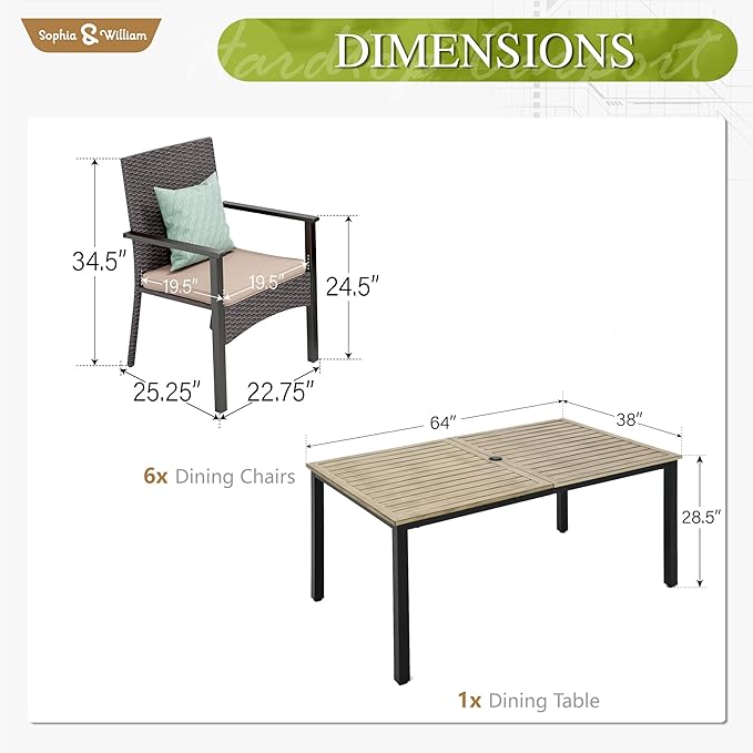 Sophia & William 7 Pieces Patio Dining Set for 6, Rectangular Patio Table and Chairs Set, Metal Outdoor Table and Rattan Chairs