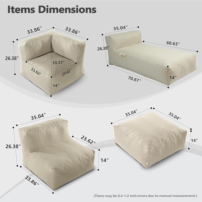 Patio Furniture Set, Outdoor Conversation Set with Bean Bag Middle Chairs, Corner Chair, Ottomans, Modern Foam Couch Set for Garden, Deck, Balcony (9, Light Beige)