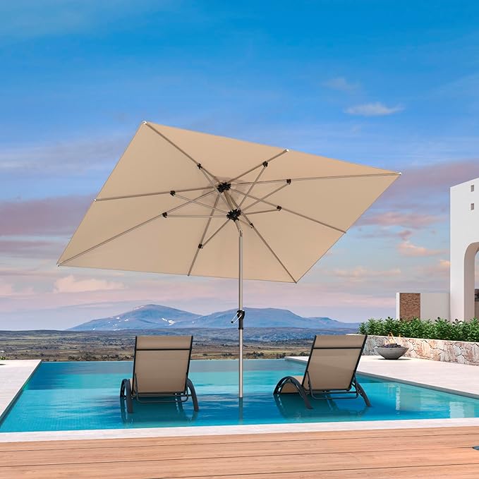 PURPLE LEAF 6.5' x 10' Rectangle Outdoor Umbrella for Patio with Tilt Adjustment, Patio Table Umbrella for 3 Year Fade Resistant, Aluminum Pool Market Umbrella for Deck Garden, Patio, or Lawn