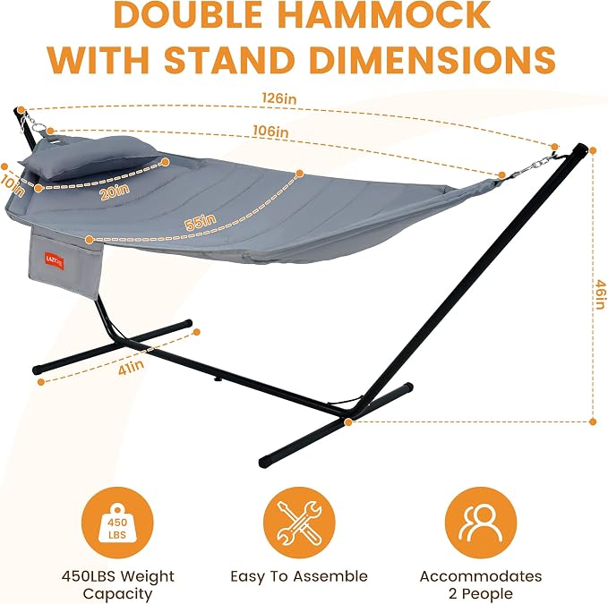 Lazy Daze Hammocks Hammock with Stand for Outside, Quilted Hammock with Detachable Pillow, Tool-Free Assembly, 450lb Capacity for Backyard, Patio, Light Grey