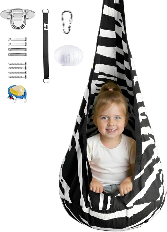Calming Sensory Swing — Indoor Sensory Hammock for Kids & Adults, Supports up to 170 lb (77 kg), Double-Layer Canvas Fabric, Hanging Hardware Included, Black-White