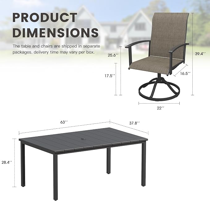 7 Pieces Patio Dining Set, Outdoor Furniture of 63" Rectangular Patio Table and Patio Swivel Chairs for Backyard Lawn Garden, Black Table and Mixed Brown Chairs