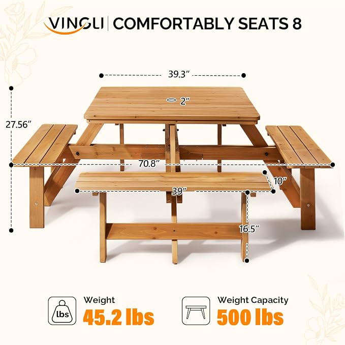 VINGLI 8-Person Wood Picnic Table Sqaure Picnic Table with Umbrella Hole and 4 Built-in Benches, Outdoor Dining Tables and Chairs 500 LBS Bench Capacity (Natural, Sqaure)