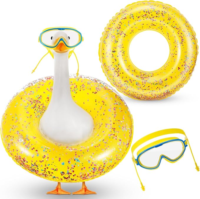 Aliceset 2 Pcs Summer Porch Goose Outfits Hawaiian Pool Goose Cloth Costume Swimsuit with Swim Ring Sunglasses, Fits 23'' Lawn Statue for Patio Yard Garden Outdoor Decor(Glitter Style)