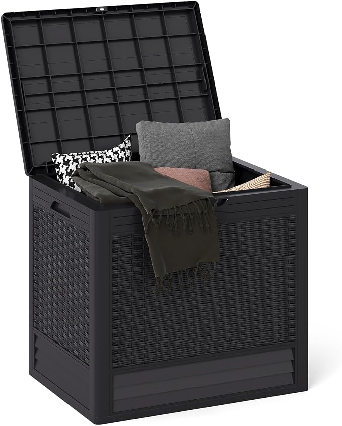 Tangkula 25 Gallon Outdoor Storage Box, Waterproof PP Resin Patio Storage Box with with Lockable Lid for Indoor & Outdoor Use, 2-in-1 Rattan Design Deck Box for Patio Cushions, Garden Tools