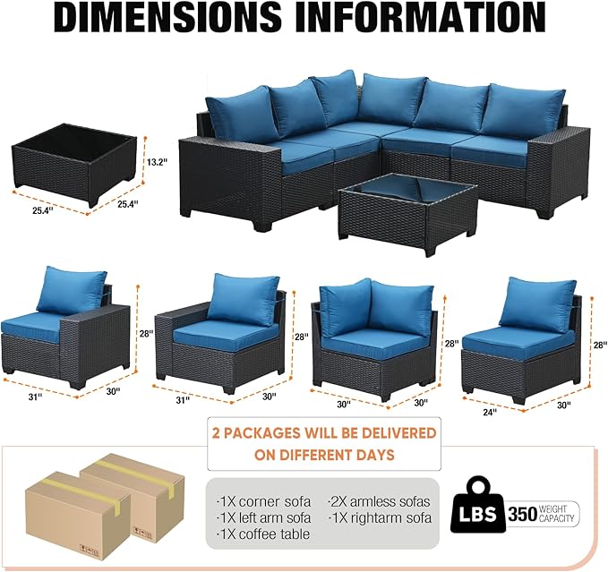 6 Pieces Patio Furniture Set,Wicker PE Rattan Outdoor Sectional with Cushion & Coffee Table, Patio Conversation Sofa for Garden, Backyard, Poolside, Peacock Blue