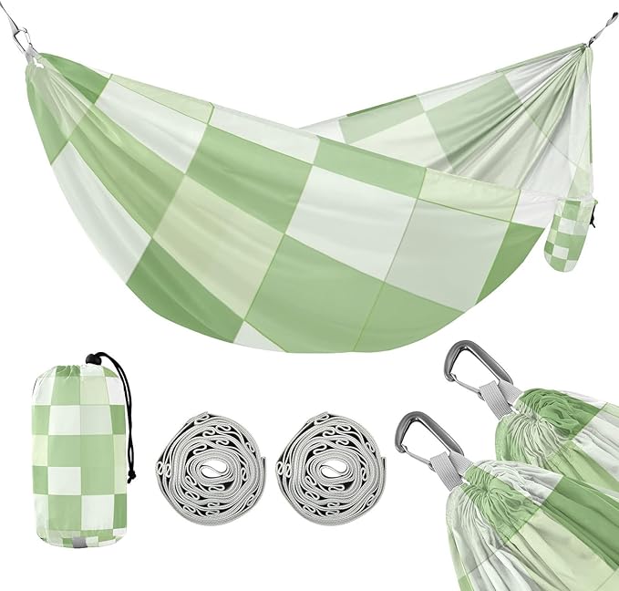 Light Green and White Checkered Pattern 330lb Capacity Camping Hammocks with Portabl Carry Bag Swing Hammock for Outside Patio Backyard Poolside hamaca para adultos