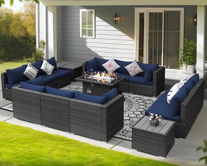 NICESOUL 15 Piece Outdoor Patio Furniture Set with Fire Pit, Extra Large Wide Outdoor Deep Seated Sectional, Cozy 29.3'' High-Back Modular Couch, 500 Lbs High Weight Capacity Wicker Sofa, Gray & Blue
