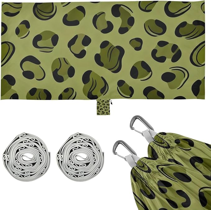 Green Leopard Print Camping Hammocks Fabric Hammock for Outside Patio Backyard Poolside