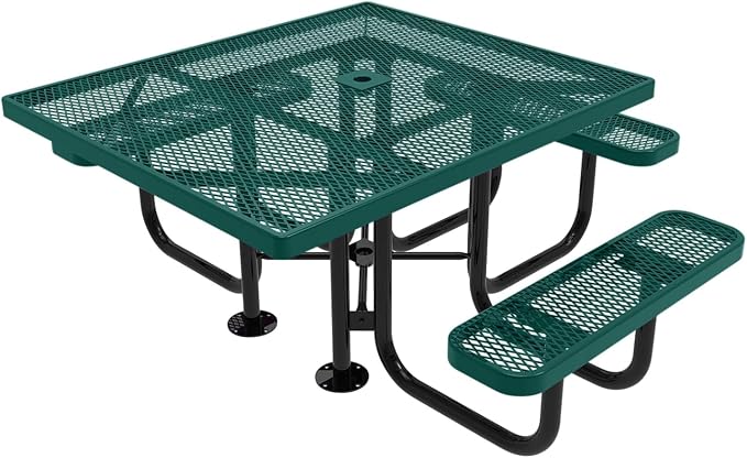 COATEDOUTDOORFURNITURE Heavy-Duty Portable ADA-Compliant Outdoor Picnic Table with Umbrella Hole, Expanded Metal Patio Dining Furniture Made in America (46" Square Top, Textured Dark Green)