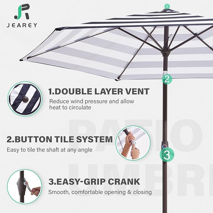 JEAREY 7.5FT Patio Umbrella Market Table Umbrella with 6 Sturdy Ribs, Push Button Tilt/Crank Outdoor Umbrella for Garden, Deck, Backyard, Pool, Black & White Stripe