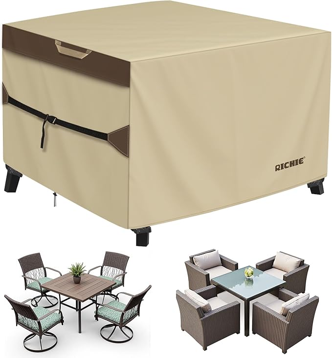 RICHIE Outdoor Patio Furniture Cover - Heavy Duty Waterproof 600D Tough Canvas Protector for Square Table Cover, All-Season Dining Table and Chair Cover (86L x 86W x 28H Inch)