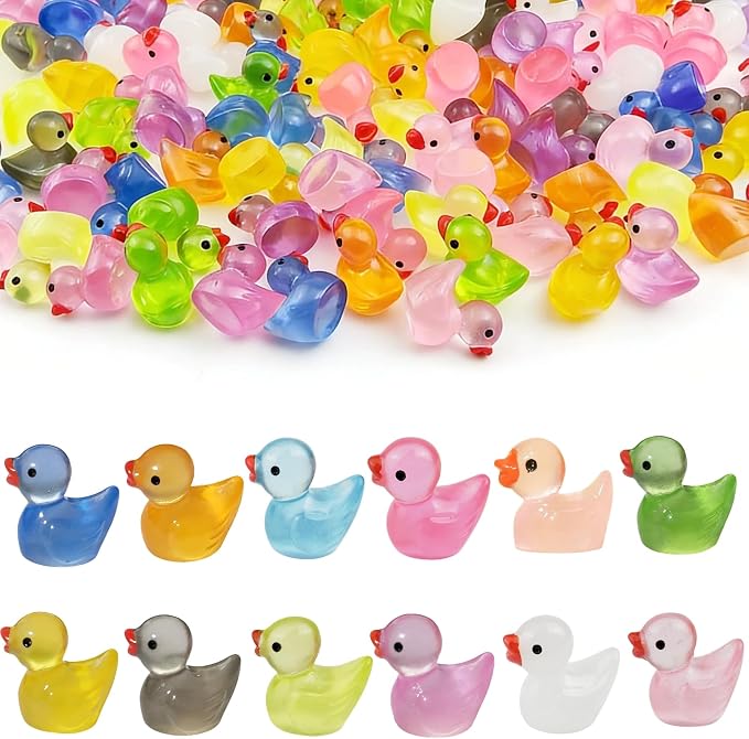 120PCS Mini Luminous Resin Ducks 12 Colors | Tiny Colorful Resin Ducks, Miniature Little Plastic Animal Figures for Micro Landscape Fish Tank Garden Dollhouse DIY Decor