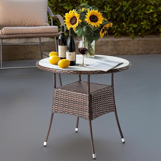 Outvita 31.5" Patio Rattan Dining Table, Frosted Glass Tabletop, Waterproof & Rustproof, Double-Layer Storage, Adjustable Feet, Elegant Brown Outdoor Table, Fits 4-Person Dining