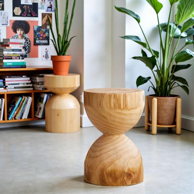 Wood Side Table、Round Wood Coffee Table, Wooden Stool, Side Table, Round end Tables Living Room(Color:Log Color)