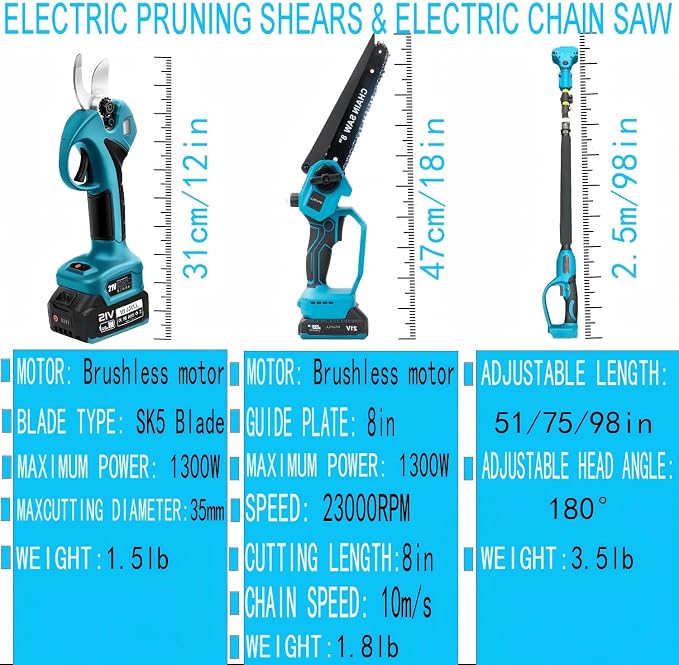4-in-1 Cordless Pole Saw & Electric Pruning Shears, 8-inch Mini Chainsaw, Pole Pruner, Brushless Motor,