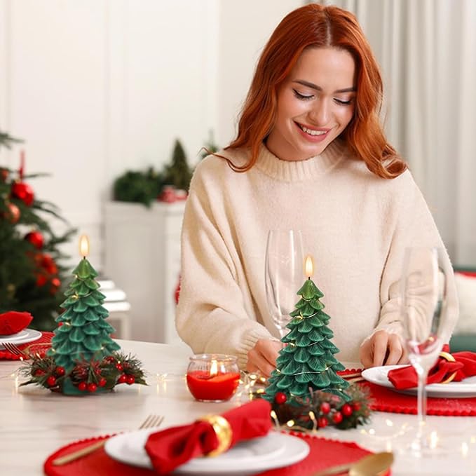 Christmas Tree Shaped LED Candles with Remote Timer, 2 Pcs Flameless Pillar Candles with Embedded String Lights, Battery Operated Flickering Green Candles for Christmas Home Décor