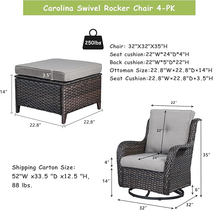 Rilyson Wicker Patio Furniture Set - 4 Piece Rattan Outdoor Patio Conversation Sets with 2 Swivel Rocking Chairs,2 Ottomans for Porch Deck Garden(Brown/Grey)