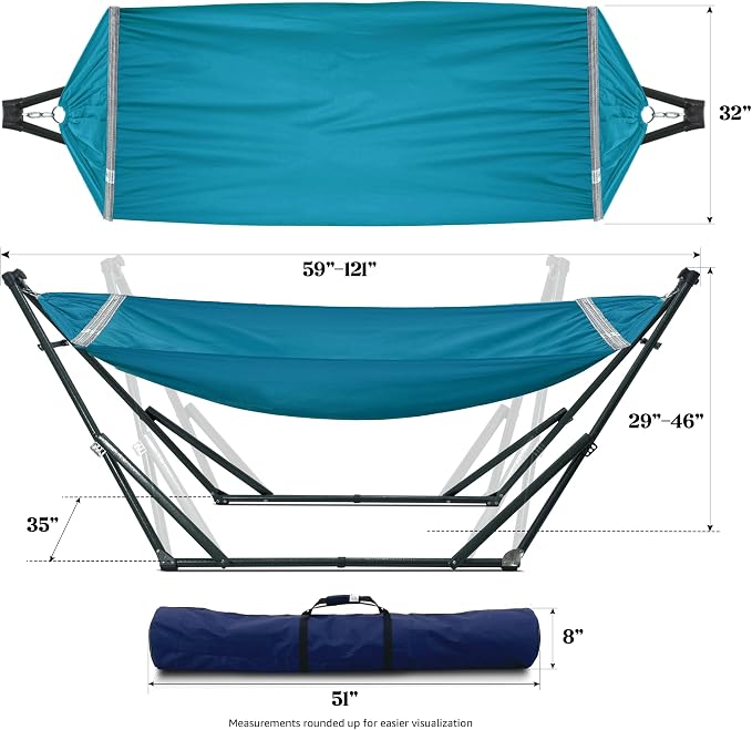 Tranquillo Ultimate Relaxation Portable Hammock Stand with Cotton Canvas Net, Spreader Bar, Quick Fold Unfold in 30 Seconds Steel Frame Hammock 600 lbs Capacity Outdoor, Blue