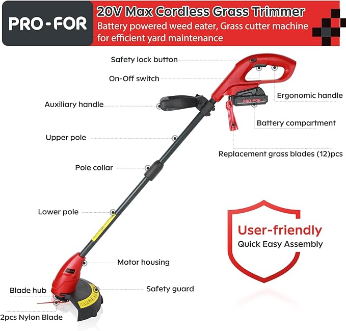 20V Lightweight Stringless Grass Trimmer, Battery Powered Weed Eater, Cordless Electric Weed Trimmer with Battery and Charger