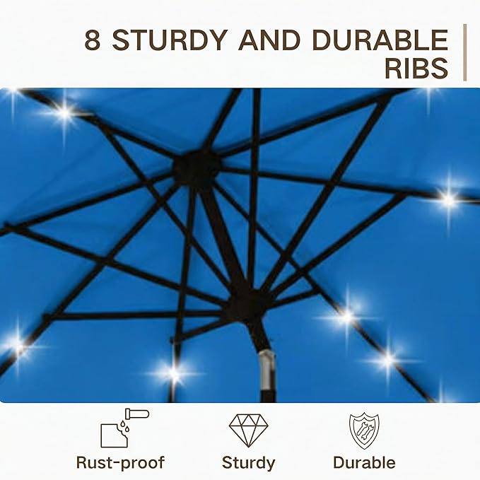 Kingdura 9FT Outdoor Patio Umbrella with Solar Lights, Market Table Umbrella with Push Button Tilt & Crank, 8 Sturdy Ribs, 32 LED Lights, UV Protection for Garden Lawn Deck Backyard Pool (Royal blue)
