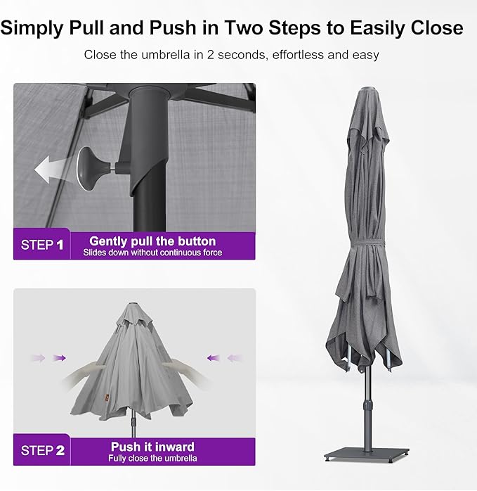 PURPLE LEAF 10 X 10 FT Semi-Auto Outdoor Patio Umbrella with Base Market Table Sun Umbrellas with 8 Aluminum Sturdy Ribs for Backyard Deck Garden Pool (Gray Pole Gray Canopy)