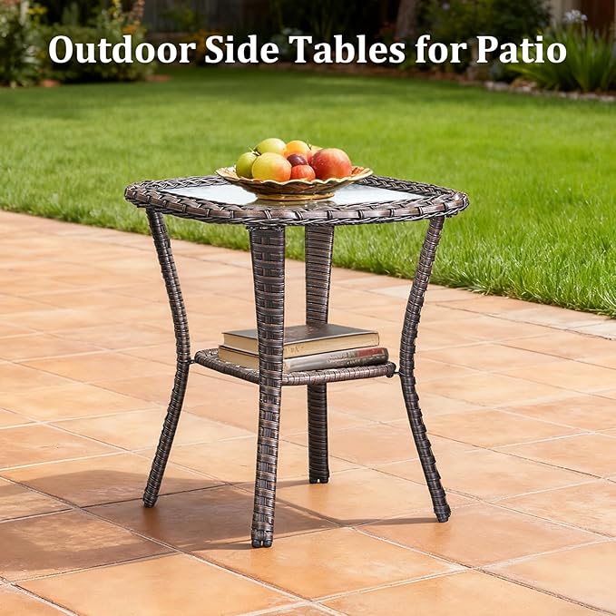 Luxury Outdoor Swivel Rocker Patio Chairs Set of 3, High Back Swivel Patio Chairs with Side Table & 6-Inch Thick Cushions, Wicker Outdoor Bistro Set for Porch, Yard, Deck, Poolside, Brown/Blue