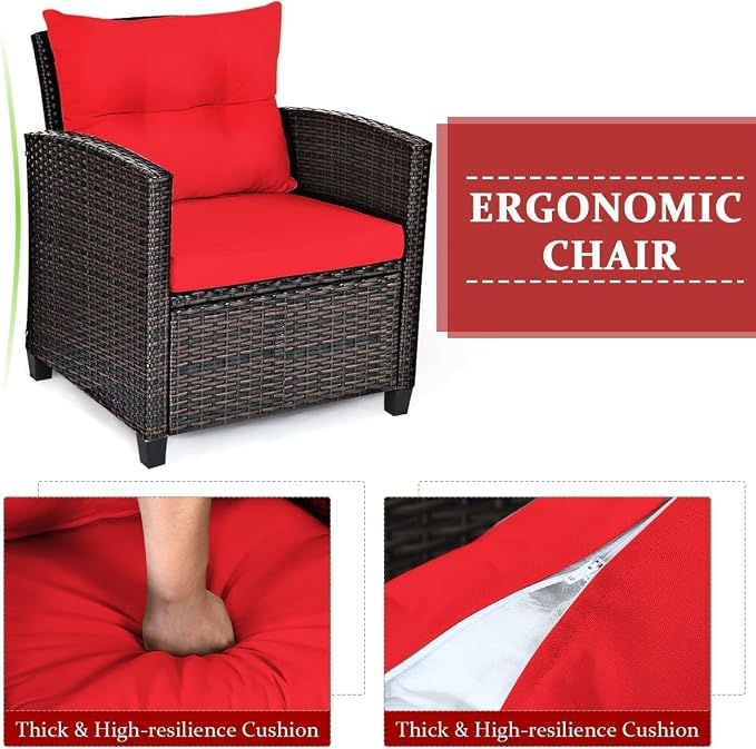 HOMGX 3 Pieces PE Rattan Wicker Patio Sofa Chairs, Outdoor Furniture Conversation Sets with Washable Cushion & Glass Table, Rattan Sofa Set for Balcony, Porch, Yard, Backyard, Lawn, (Red)