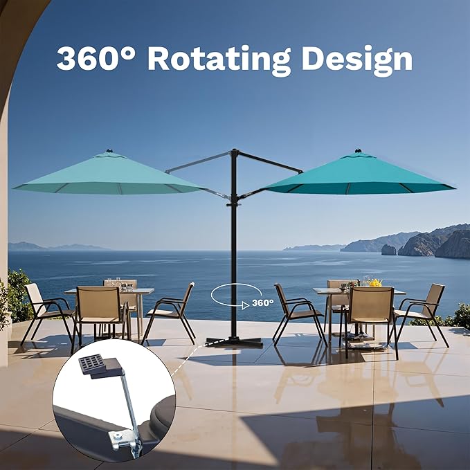 Devoko 10ft Cantilever Patio Umbrella, Round Large Outdoor Umbrella with 360-Degree Rotation, Hanging Offset Market Sun Umbrella, Easy Tilt and Heavy-Duty Frame, for Patio Backyard Garden, Turquoise