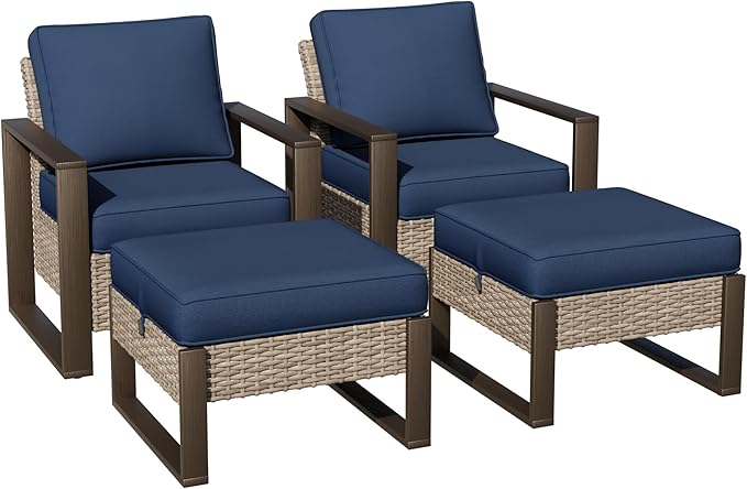 Joyside Outdoor Patio Chairs, 4 Pieces Wicker Rattan Furniture Set, 2 Patio Chairs and 2 Ottoman, Metal Wide Armrest, Thick Cushions and Deep Seating for Garden, Backyard, Porch, Deck