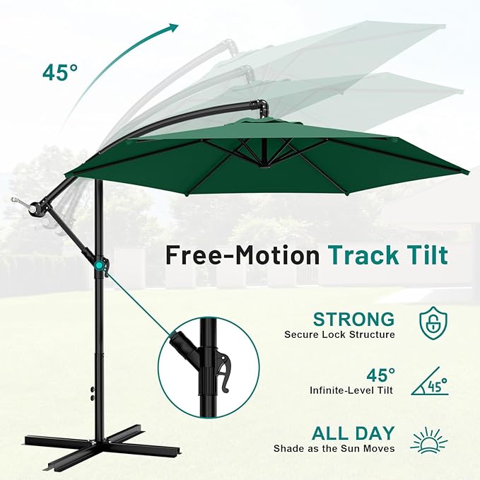 AreShark 10FT Patio Outdoor Umbrella, Offset Patio Umbrella Cantilever Umbrella, 6 Sturdy Ribs, Easy Adjustment for Garden Market Pool with Cross Base (Dark Green)