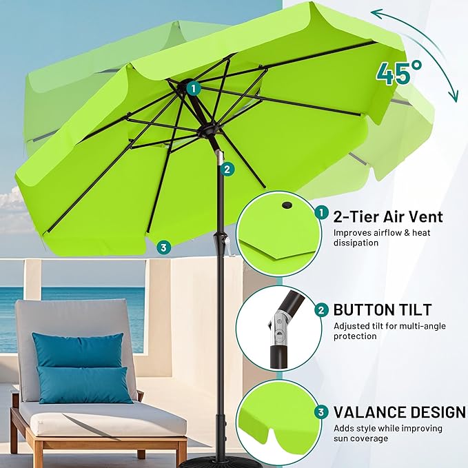 AreShark 9ft 2-Tier Patio Umbrella with Valance - Outdoor Umbrella Waterproof UV Protection, Market Table Umbrella w/Push Button Tilt&Crank for Pool, Porch, Garden(Apple Green)
