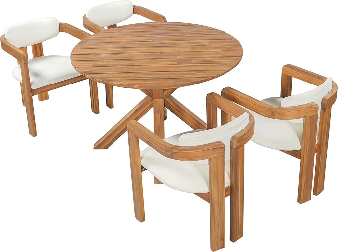 SOFTSEA 5-Piece Outdoor Acacia Wood Dining Set, All-Weather Round Dining Table and 4 Upholstered Chairs for Backyard Deck Poolside, Beige