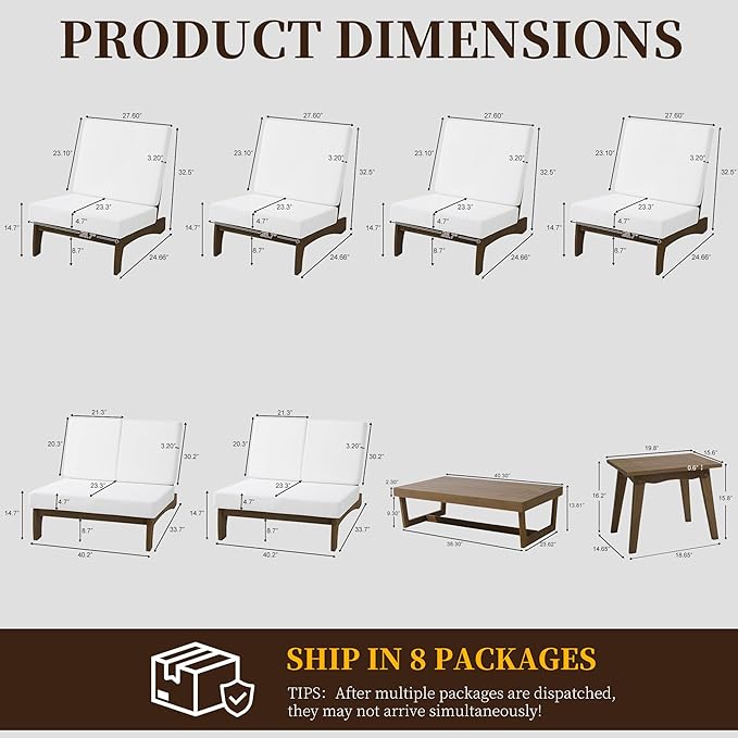 UIXE 8 Pieces All Weather Wood Patio Furniture Sets, 2 Patio Loveseat, 4 Patio Bistro Chair, Outdoor Sectional Sofa Furniture Backyard Conversation Set with Coffee Table - Beige